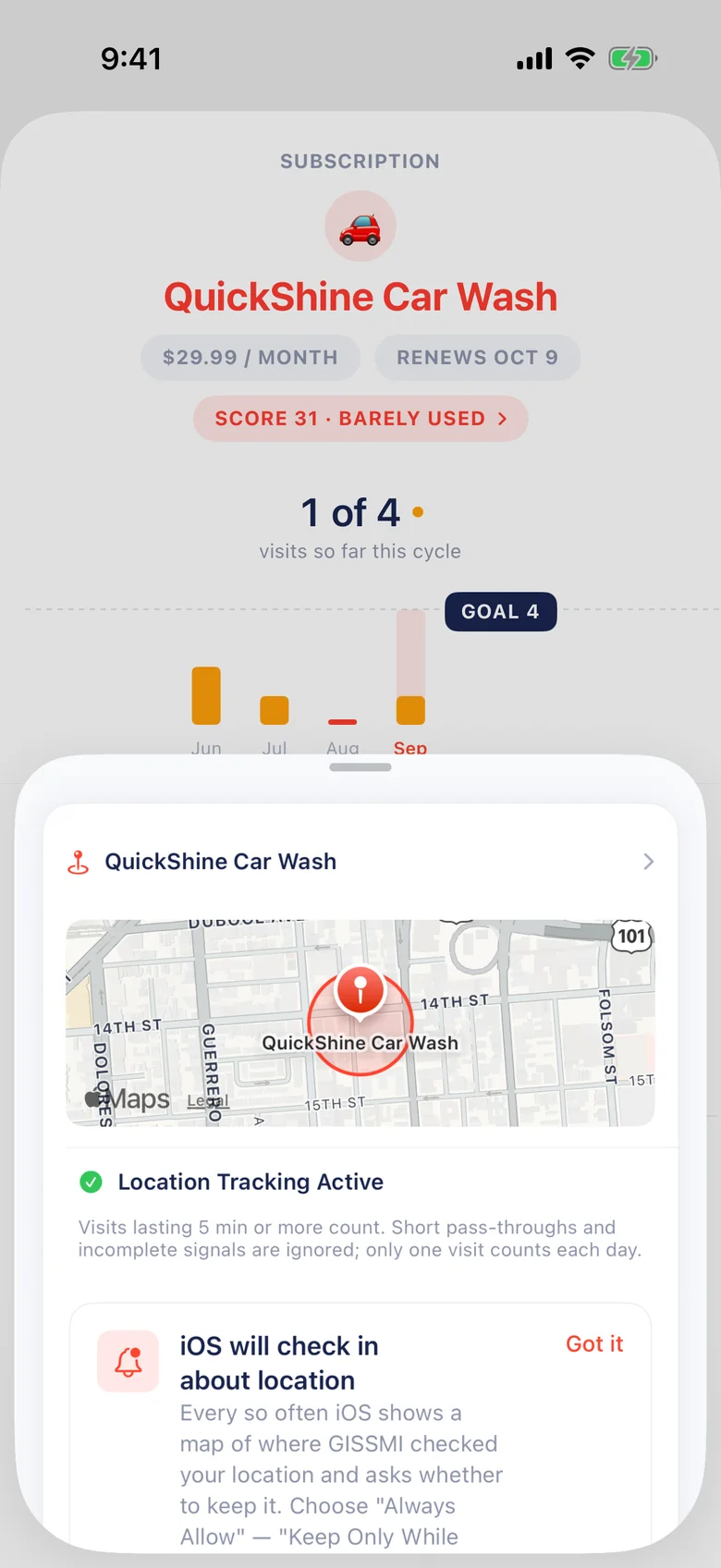 QuickShine Car Wash location tracking on a map, with the rule that visits lasting 5 minutes or more count.